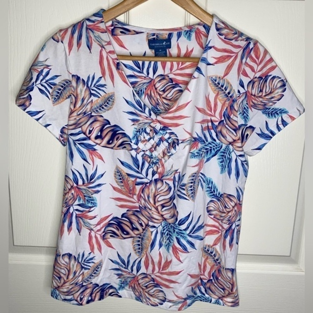 Caribbean Joe Tropical Leaf V-neck Short Sleeve Shirt, Vacation - Picture 3 of 7